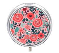 3 Compartment Small Pill Box Travel Medicine Pill Organizer with Mirror Moisture Proof Pills Case Red Rose Flower Portable Pocket Medicine Organizer Round Vitamin Organizer Box