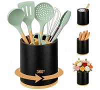 3 Compartment Utensil Crock 360° Rotating Wood Cutlery Rack Kitchen Utensils Storage Holder Container Countertop Cooking Tool Spoon Organizer Utensils Caddy Pot Stand Farmhouse Decor -Black Paint