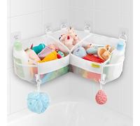 3 Compartments Bath Toy Storage Corner Bath Toy Holder for Bathtub, Kids Tub Toys Organizer with Adhesive Hooks, Quick-Drying Machine-Washable Mesh Bathroom Organizer for Tidy Bathtub