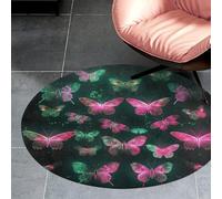 3' Coral Velvet Round Rug Machine Washable Non Slip TPR Backing Neon Butterfly Area Rug Pet Friendly Doormat Low Pile Soft Plush Bedroom Carpet for Living Room Kitchen Entryway Dorm Indoor