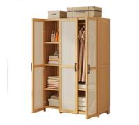 3-Door Rattan Wardrobe, Multi-Purpose Wooden Closet with Hanging Rod & Shelves, Slish Entryway Sto for Clothes & Accessories