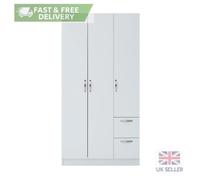 3 Door White Wardrobe with Drawers Cupboard with Hanging Shelf and Metal Handles