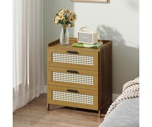 3-Drawer Narrow Bamboo Bedside Table with Plastic Rattan Details