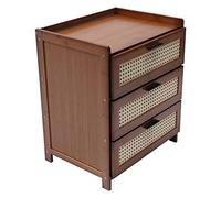 3-Drawer Rattan Nightstand Solid Wood End Table with Bamboo Accents Compact Bedside Table for Small Spaces Bedroom & Living Room Furniture Brown