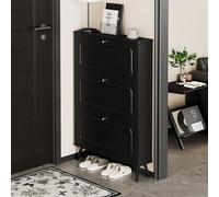 3 Drawer Shoe Cabinet Storage Organizer for Entryway Wood Shoe Rack with Rounded Corners Adjustable Shelves Stylish Gold Handles Modern Black Shoe Closet (19.7" Double)