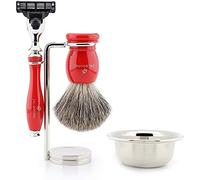 3 Edge Shaving Set with Red Badger Hair Brush and Stainless Steel Razor Stand by Jag Shaving
