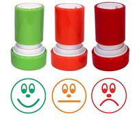 3 Faces (Happy, Sad, Indifferent), Traffic Light Assessment Colours (Red, Orange, Green). 3 x Self-Inking Teacher Stamp Set. Reinkable. 22mm