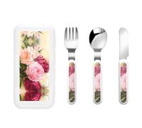 3 Flatware Set Peony Flowers Blossom Print Knife Fork Spoon
