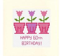 3 Flower Pots Mum - Happy 60th Birthday - 14 Count Cross Stitch Card Kit 5.5" x 5.5"