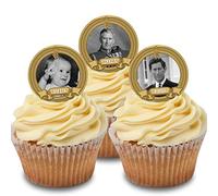 *3 for 2 offer* Cakeshop 24 x 4cm King Charles III 3rd Coronation Gold - 'Over the Years' Historic Photo Edible Cupcake Toppers Cake Decorations - Premium Wafer Precut