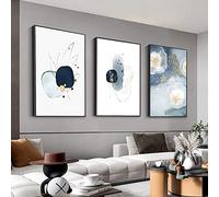 3 Framed Abstract Canvas Wall Art, Artwork in Blue, White and Grey, Simple and Elegant for Living Room Bedroom Office Decor 16" x 24" x 3 Pieces