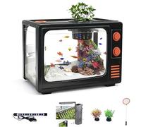 3 Gallon Fish Tank Aquarium Kit with LED Lights, Filter & Plant Planter - Retro TV Shaped Design Desktop Water Garden for Betta/Goldfish (Black - 3 Gallon)