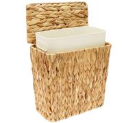 3 Gallon Slim Woven Bathroom Trash Can with Lid & Removable Inner Bucket | Handwoven Wicker Waste Basket Water Hyacinth Rattan Garbage Bin with Plastic Liner for Small Space Bedroom Toilet Boho Decor