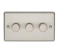 3 Gang 400W 2 Way Rotary Dimmer Switch -SATIN STEEL- Mains 240V Decorative Kitchen/Interior Wall Face Plate - Light Dimming/Dip Control Switch - Push on/off - Twist Dim