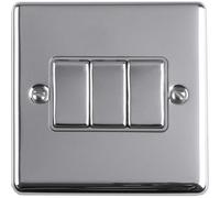 3 Gang Triple Light Switch POLISHED CHROME 2 Way 10A GREY Trim & Metal Rocker