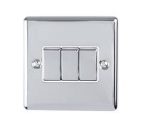 3 Gang Triple Light Switch POLISHED CHROME 2 Way 10A White Trim & Metal Rocker