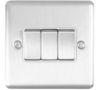 3 Gang Triple Light Switch SATIN STEEL 2 Way 10A White Trim & Metal Rocker