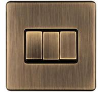 3 Gang Triple Light Switch SCREWLESS Antique Brass 2 Way 10A Metal Rocker Slim - Decorative Kitchen Living Room Bedroom Plate