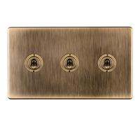 3 Gang Triple Retro Toggle Light Switch SCREWLESS ANTIQUE BRASS 10A 2 Way Lever