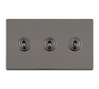3 Gang Triple Retro Toggle Light Switch SCREWLESS Black Nickel 10A 2 Way Lever - Classic Vintage Style Flick Lever Wall Plate
