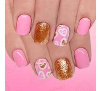 3 Glossy Gold Sparkle Oval French Design 24Pcs with Crystal Hearts ABS Fake Nails Party Set Valentines ' s Day Presses on Nails Short Oval