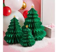 3 Green Christmas Tree Honeycomb Decorations, Pop Up Paper Christmas Tree Decorations, Modern Festive Table Centrepiece