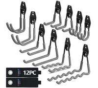 3-H Heavy Duty Garage Hooks 12 Pack, Utility All-Steel Storage Hooks with Anti-Slip Coating, Wall Mount Hooks for Hanging Ladders, Lawn Mower, Hose, Garden Tools (Grey)