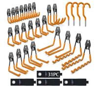 3-H Heavy Duty Garage Hooks, Solid Steel Hooks with Adjustable Extension Belt, 3 Round Welding Spots - Storage for Ladders, Bikes, Garden Tools, Bulky Items & Shed, Orange, 31PC
