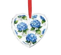 3" Heart Ornament - Crystal Glass Xmas Tree Decor, Blue Hydrangea Pattern Christmas Ornaments Romantic Hanging Decoration for Christmas Tree, Fireplace, Valentine's Gift