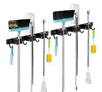 3 Holders+4 Hooks 2Pack Black Broom Holder Wall Mounted Stainless Steel | brush holders for wall: nail fitting kit and strong adhesive backing; long handles stay tidy.