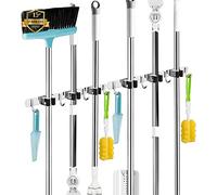 3 Holders+4 Hooks 2Pack Broom Holder Wall Mounted StainlessSteel Mop Holder | brush holders for wall: nail fitting kit and strong adhesive backing; long handles stay tidy.