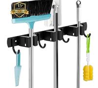 3 Holders+4 Hooks Black Broom Holder Wall Mounted StainlessSteel Mop Holder | brush holders for wall: nail fitting kit and strong adhesive backing; long handles stay tidy.