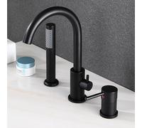 3 Hole Bath Mixer Tap Black Single Lever Shower Mixer Tap Gooseneck 360 Swivel Spout Shower Head and Hose Set
