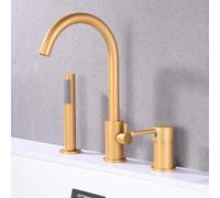 3 Hole Bath Mixer Tap Brushed Gold Gooseneck Spout Single Lever Shower Mixer Tap Shower Head and Hose Set for Bath Taps