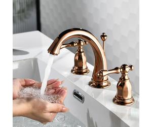 3 Hole Bathroom Sink Taps Gooseneck Dual Lever Basin Mixer Tap with Pull Rod,Rose Gold