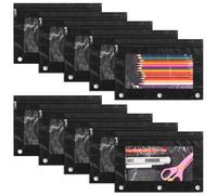 3-Hole Pencil Cases With Clear Windows, Zippers, Ten Pcs Pencil Pouches, Tear-Proof Oxford Cloth Pencil Pouches For School, Office, Black Pencil Bags For 3 Ring Binder