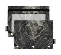 3 Hole Pencil Pouches with Clear Window Black and White Cartoon Evil Aliens Fabric Pencil case Clear Window & Grommets Binder 3 Rings for School, Office & Home Multicolored 2 PCS