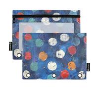 3 Hole Pencil Pouches with Clear Window Dark Blue Background Colorful Dots Plastic Pencil case Clear Window & Grommets Pencil case 3 Rings for Office Supplies Multicolored 2 PCS