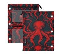 3 hole punched folders 2 PCS octopodes Red and Black Ocean 11''x8.9'' | With Zipper Reinforced Grommets color pencil case clear window for Office Supplies