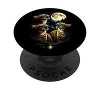 3 Howling Autumn Cat At Moon Vintage Funny 80s-90s Graphic PopSockets Adhesive PopGrip