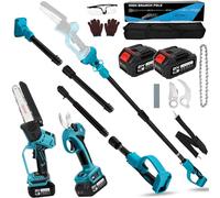 3 in 1 6 Inch Mini Cordless Electric Chainsaw Pole Saw & 21V 4.0A 45mm Electric Pruning Shears Portable Brushless Long Reach with 2m Long Reach Telescopic Pole Garden Secateurs Tree Pruner