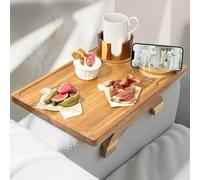 3-in-1 Acacia Wood Sofa Arm Tray - Large 15.3x10.1 Clip-On Couch Tray with 360° Rotating Cup & Phone Holder, Foldable Anti-Slip Wooden Couch Armrest tray for Drinks, Snacks, Remote