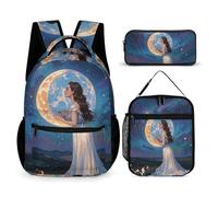3-in-1 Backpack Set with Lunch Bag & Pencil Case, Friendship Under The Giant Moon Backpack with Front Pocket, Insulated Lunch Tote, Large Capacity Pencil Pouch