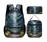 3-in-1 Backpack Set with Lunch Bag & Pencil Case, Mushrooms on The Dark Backpack with Front Pocket, Insulated Lunch Tote, Large Capacity Pencil Pouch