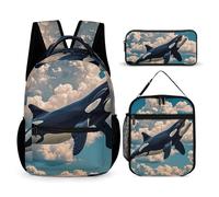 3-in-1 Backpack Set with Lunch Bag & Pencil Case, Orcas in The Sky And Clouds Backpack with Front Pocket, Insulated Lunch Tote, Large Capacity Pencil Pouch