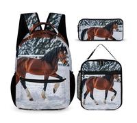 3-in-1 Backpack Set with Lunch Bag & Pencil Case, Sports Horses in The Snow Winter Backpack with Front Pocket, Insulated Lunch Tote, Large Capacity Pencil Pouch