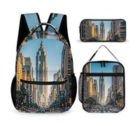 3-in-1 Backpack Set with Lunch Bag & Pencil Case, Tall Buildings in The City Backpack with Front Pocket, Insulated Lunch Tote, Large Capacity Pencil Pouch