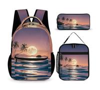 3-in-1 Backpack Set with Lunch Bag & Pencil Case, The Moon Above The Ocean Backpack with Front Pocket, Insulated Lunch Tote, Large Capacity Pencil Pouch