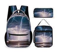 3-in-1 Backpack Set with Lunch Bag & Pencil Case, Thunder And Lightning in A Storm Backpack with Front Pocket, Insulated Lunch Tote, Large Capacity Pencil Pouch