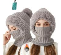 3 in 1 Beanie Hat for Women,Warm Knitted Winter Balaclava Hat with Scarf and Face Cover,Plush-Lined Hooded Ski Cap for Cold Weather